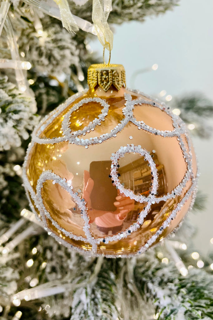 Sparkling Rose Pearl and White Curve Design European Glass Ornaments, Set of 6