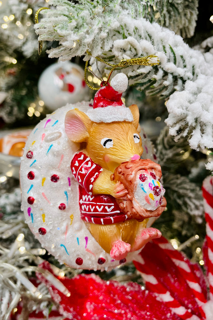 Mice with Donuts Glass Ornaments, Set of 2