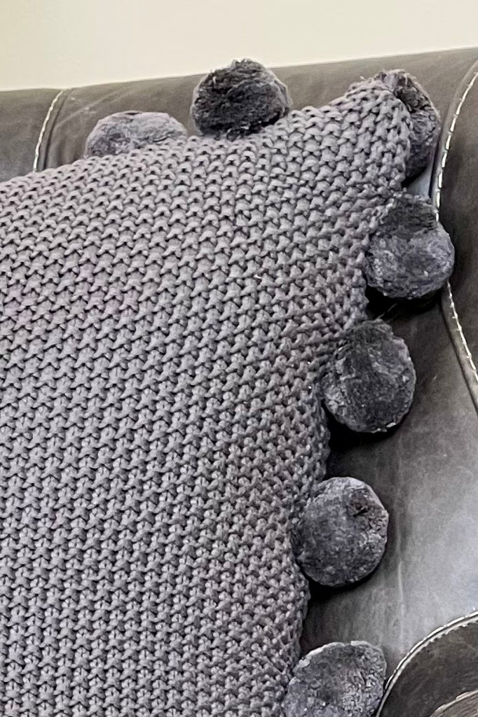21" Grey Moss Stitch Knit Pillow w/Pompom Trim