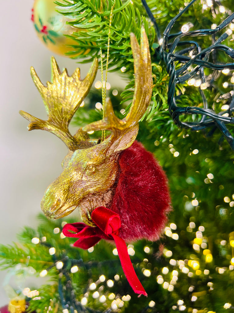 Gold and Burgundy Deer Ornaments, Set of 8