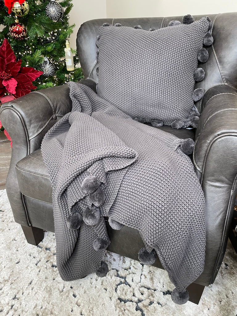 64" Dark Grey Moss Stitch Knit Throw w/Pompom Trim