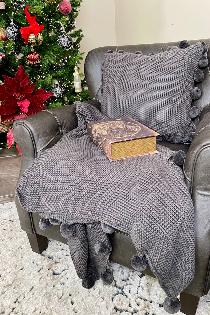 64" Dark Grey Moss Stitch Knit Throw w/Pompom Trim