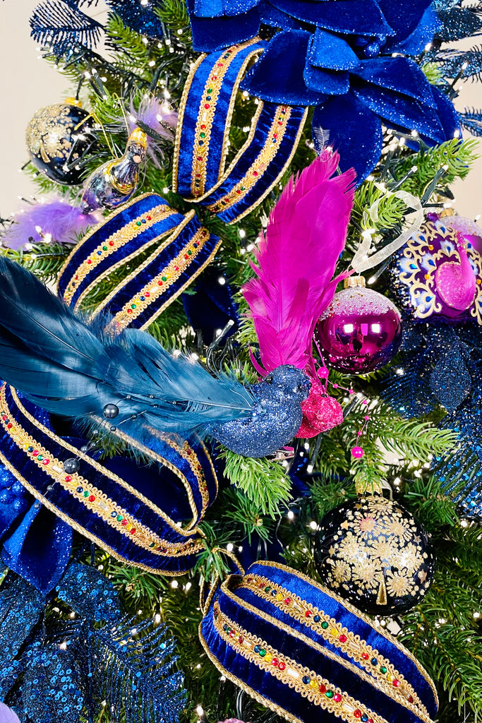 Royal Blue Velvet Luxury Wired Ribbon with Multicolor Gem Band - 5 Yards