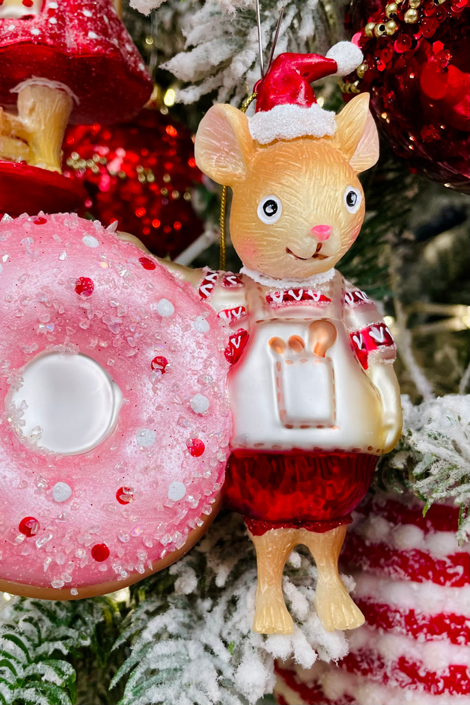 Mice with Donuts Glass Ornaments, Set of 2