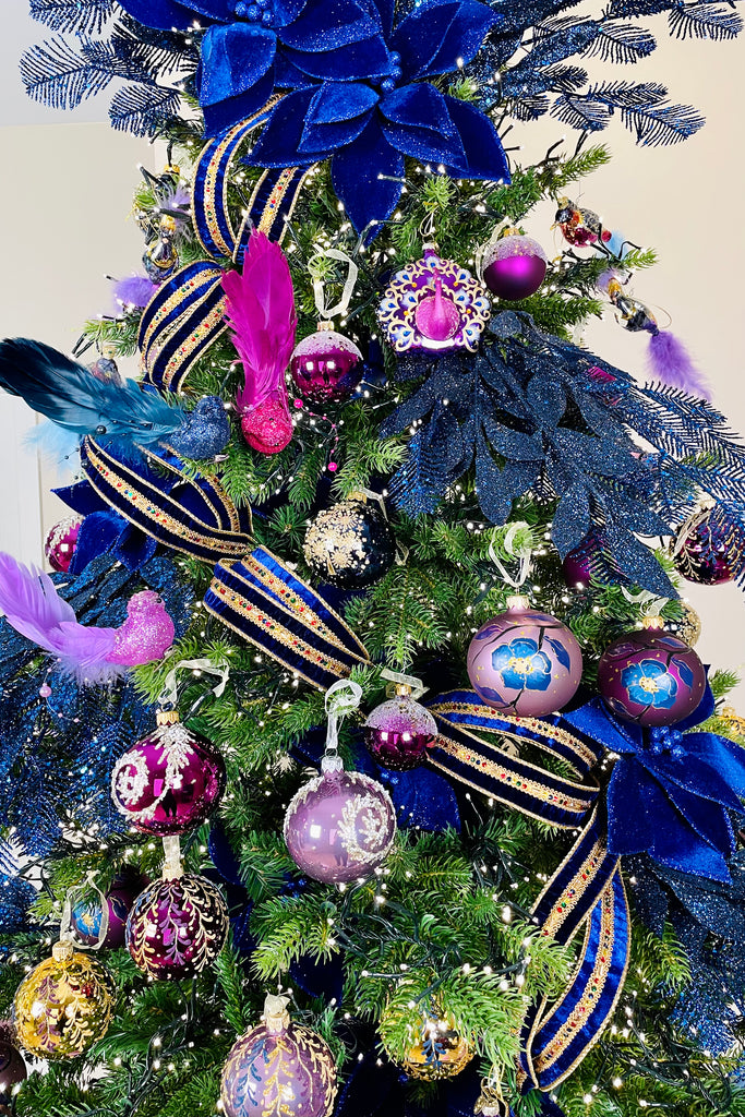 Royal Blue Velvet Luxury Wired Ribbon with Multicolor Gem Band - 5 Yards