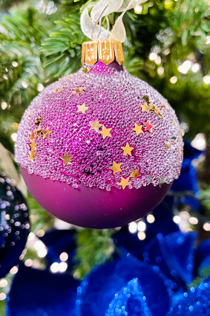Sugared Purple Star Topped European Glass Ornaments, Set of 6