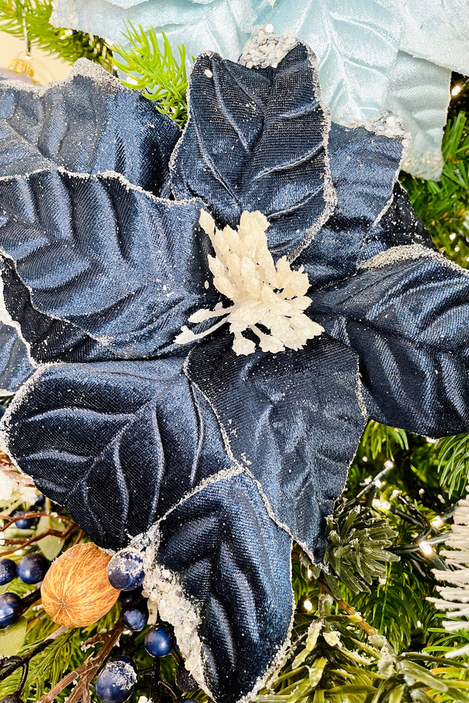 Blue Sparkling Poinsettias on Clips, Set of 6