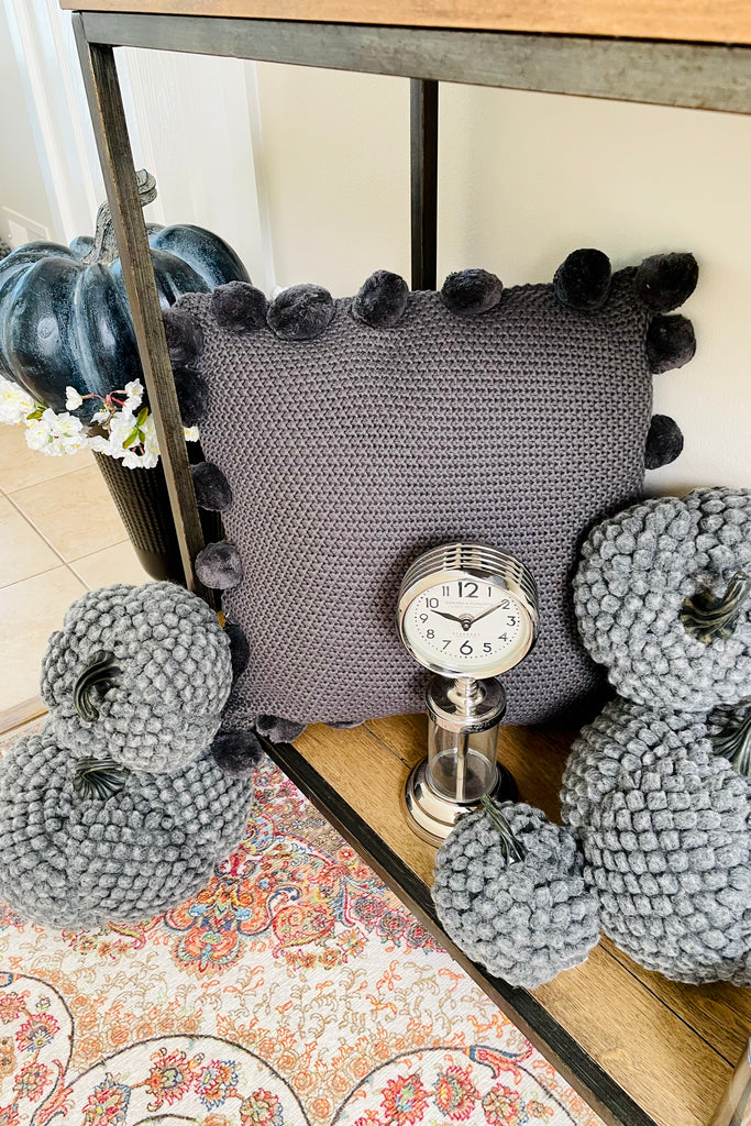 21" Grey Moss Stitch Knit Pillow w/Pompom Trim