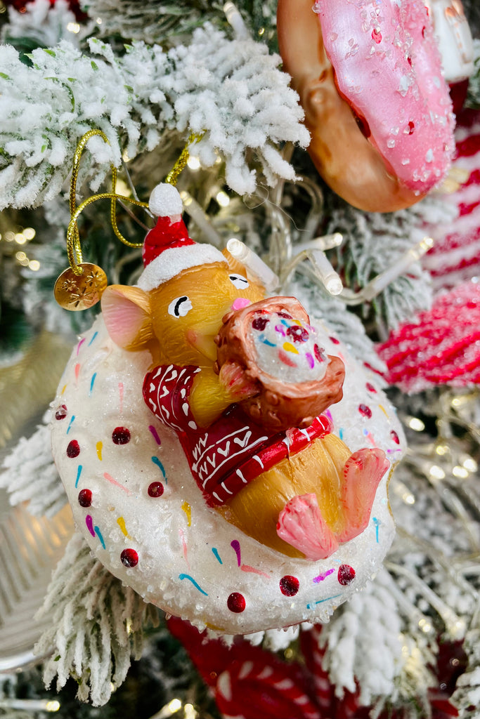 Mice with Donuts Glass Ornaments, Set of 2