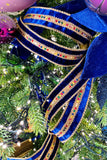 Royal Blue Velvet Luxury Wired Ribbon with Multicolor Gem Band - 5 Yards