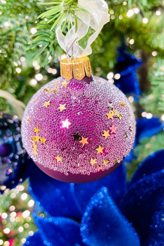 Sugared Purple Star Topped European Glass Ornaments, Set of 6