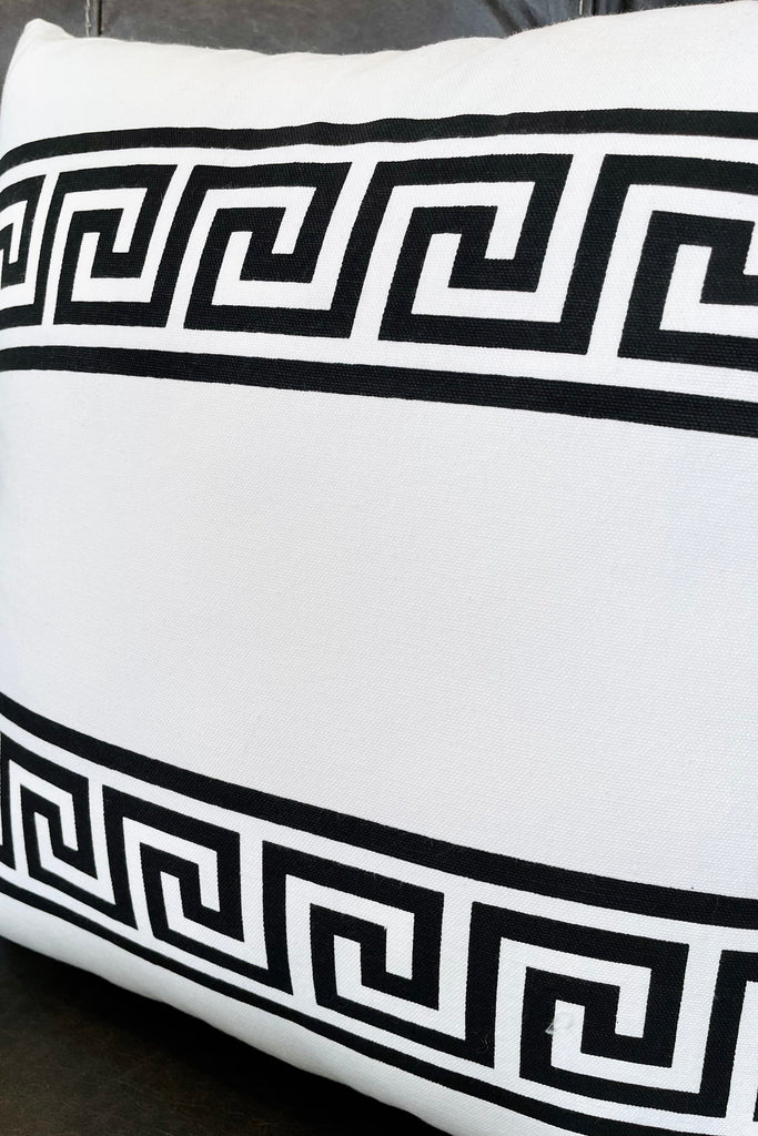18" Square Cotton White Pillow w/ White Double Greek Key Stripes