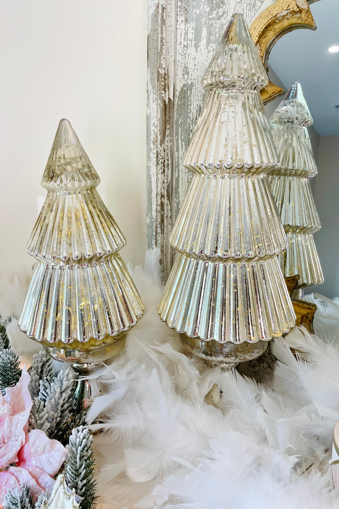 Silver Mercury Glass LED Trees on Pedestals, Set of 2