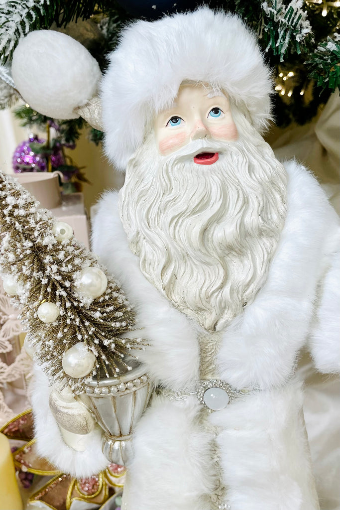 White Fur Trimmed Santa Holding Tree & Staff