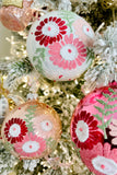 Shiny Pastel Flowered European Glass Ornaments, Set of 6