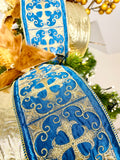 Royal Blue and Gold Embroidered Wide Luxury Wired Ribbon