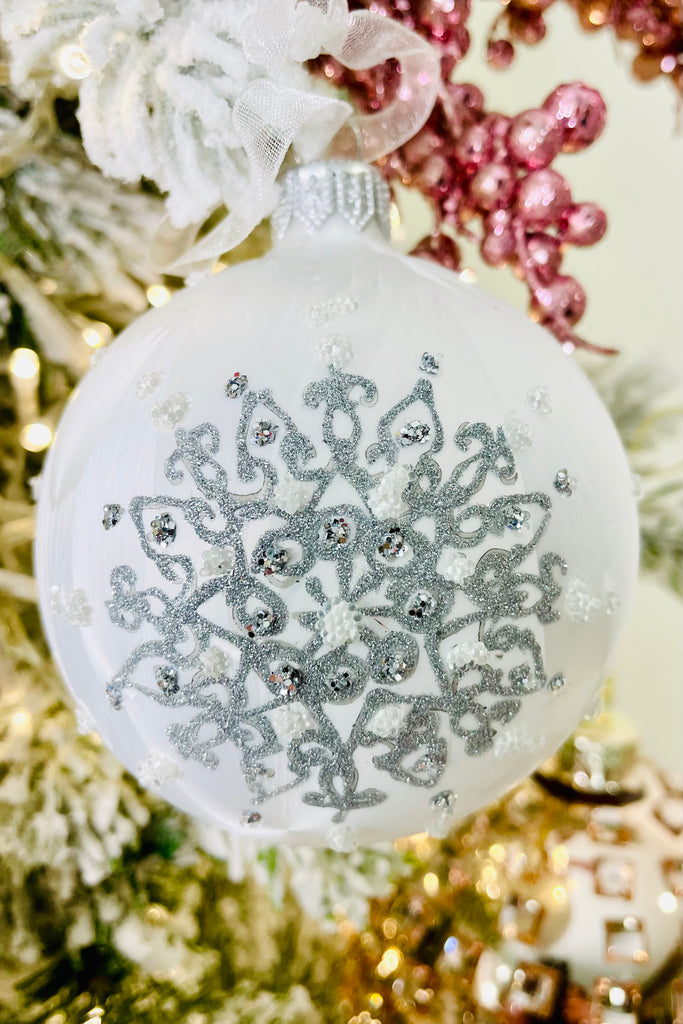 White Ice Snowflake European Glass Ornaments, Set of 6