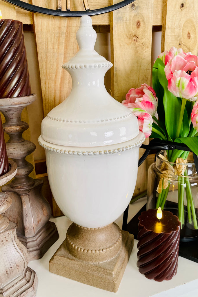 17.5 Inch White Ceramic Lidded Urn w/Unglazed Base