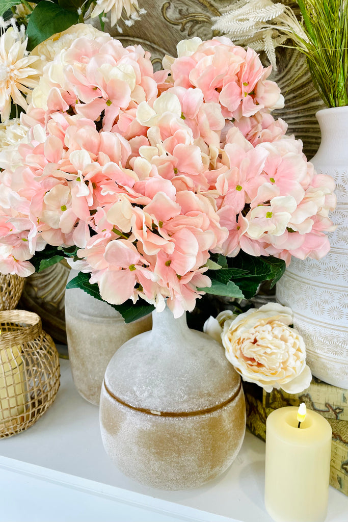 22" Hydrangea Bush with Leaves in Light Pink, Set of 2