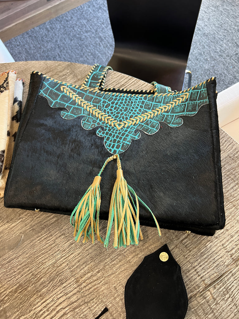 Leather Haircalf Tote with Embellishment