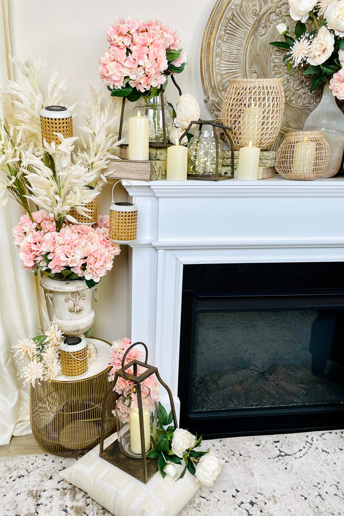 Cream Metal and Rattan Solar Light Hanging and Stake Set