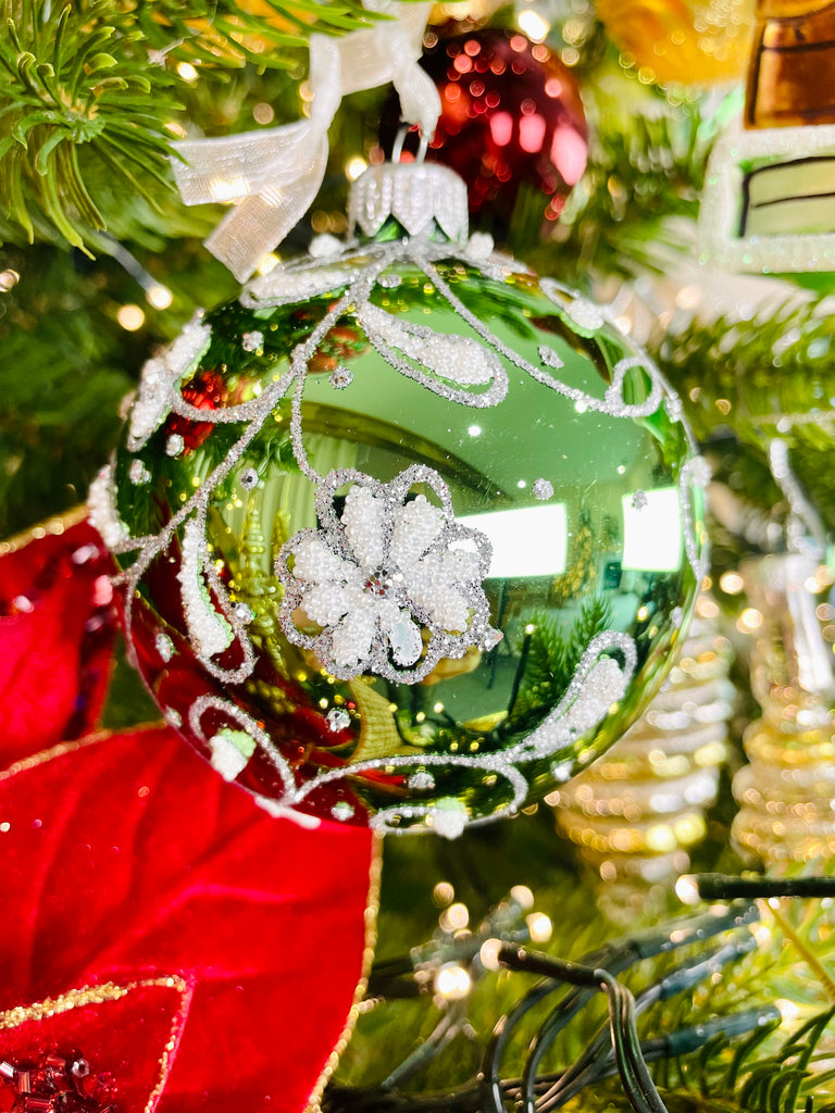 Mistletoe Green Flower Embellished European Glass Ornaments, Set of 6