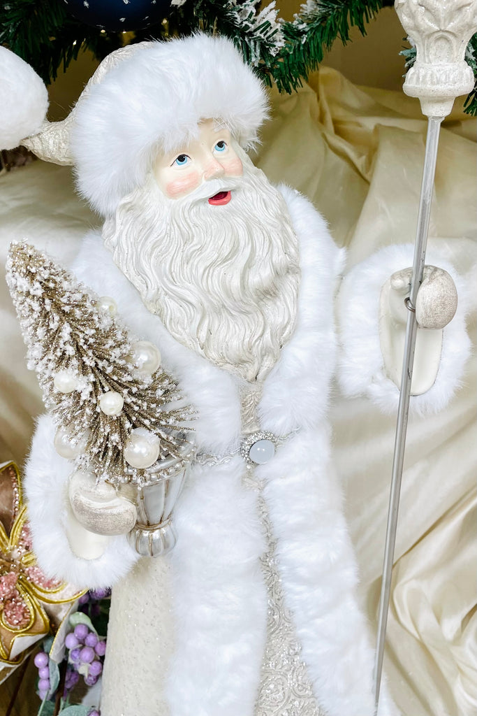 White Fur Trimmed Santa Holding Tree & Staff
