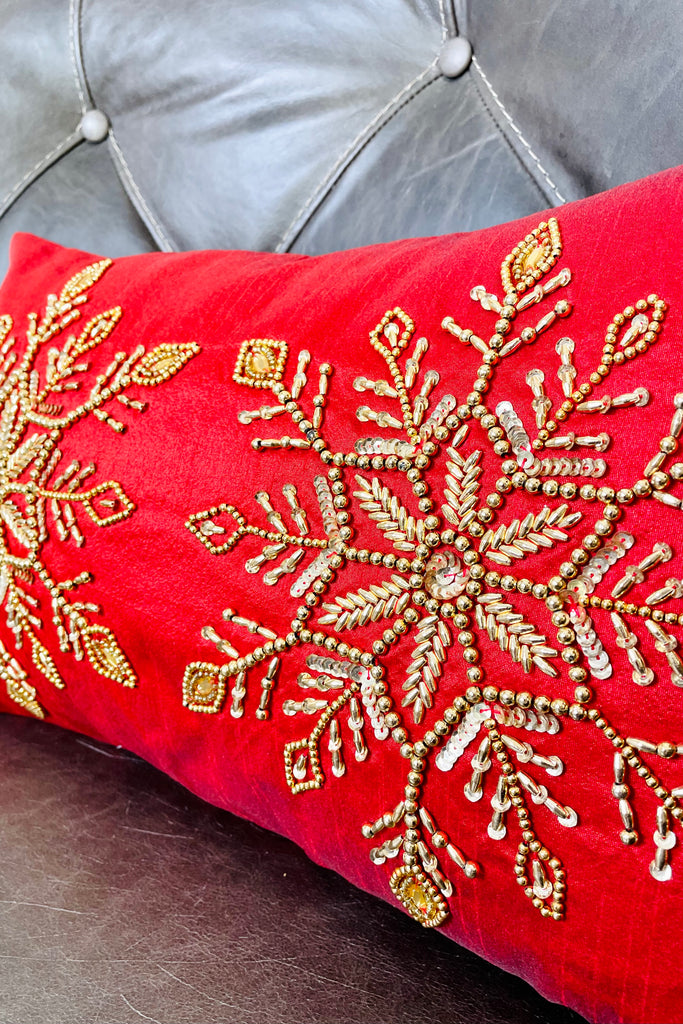 Beaded Jeweled Rectangular Snowflake Pillow
