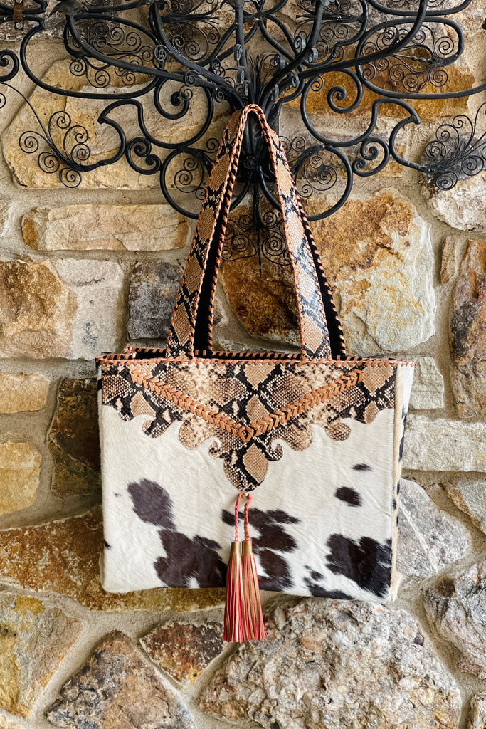 Leather Haircalf Tote with Embellishment