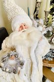 Cream Fringe Coat Santa w/Wreath & Sack