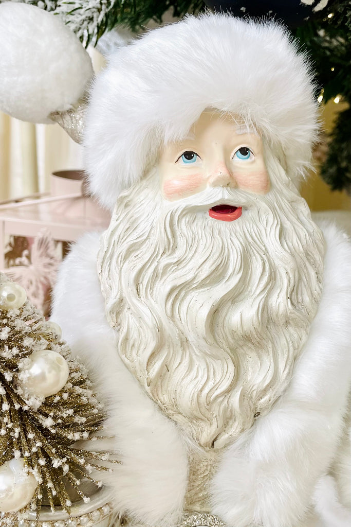 White Fur Trimmed Santa Holding Tree & Staff