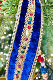 Royal Blue Velvet Luxury Wired Ribbon with Multicolor Gem Band - 5 Yards