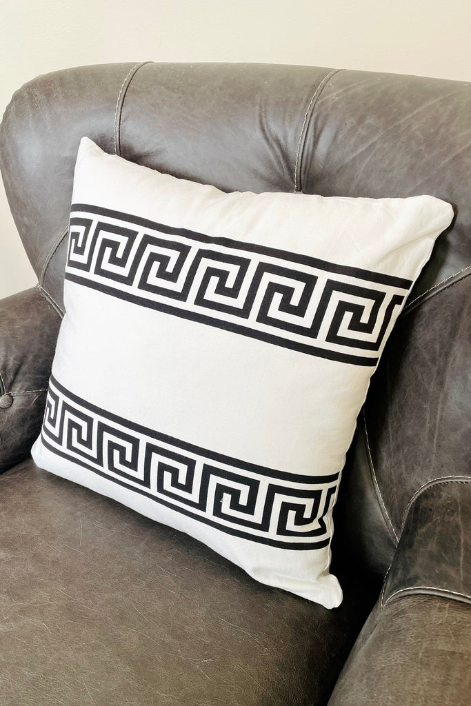 18" Square Cotton White Pillow w/ White Double Greek Key Stripes
