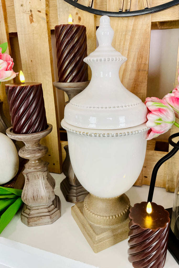 17.5 Inch White Ceramic Lidded Urn w/Unglazed Base
