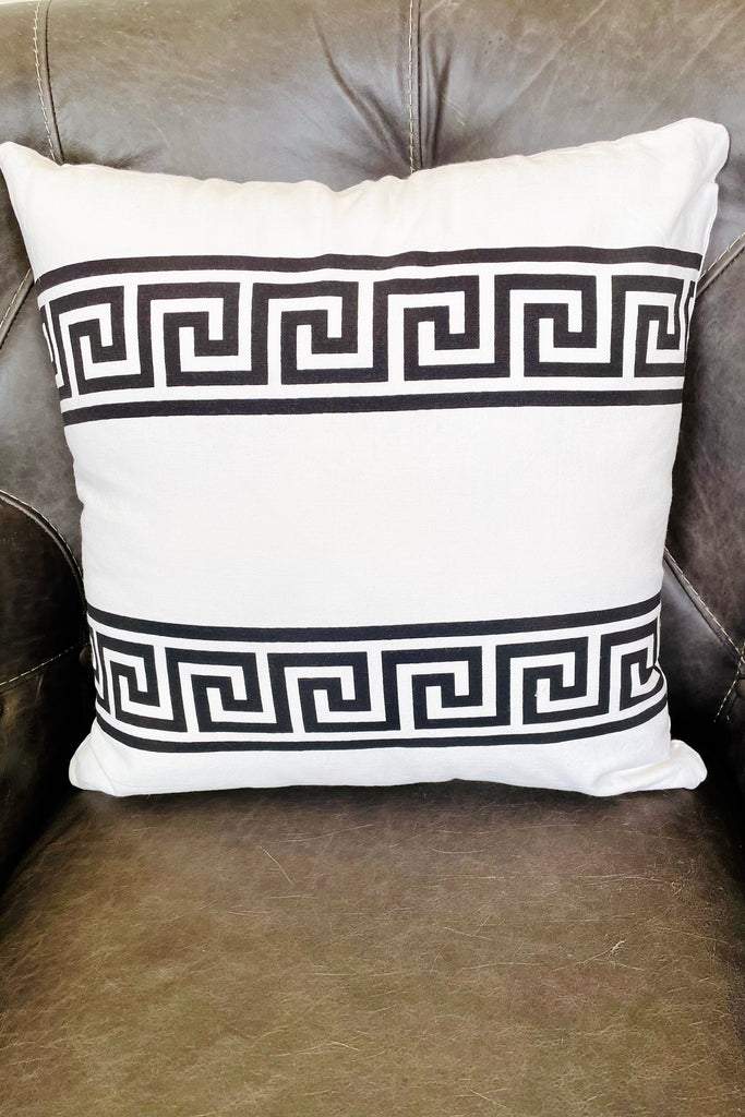 18" Square Cotton White Pillow w/ White Double Greek Key Stripes