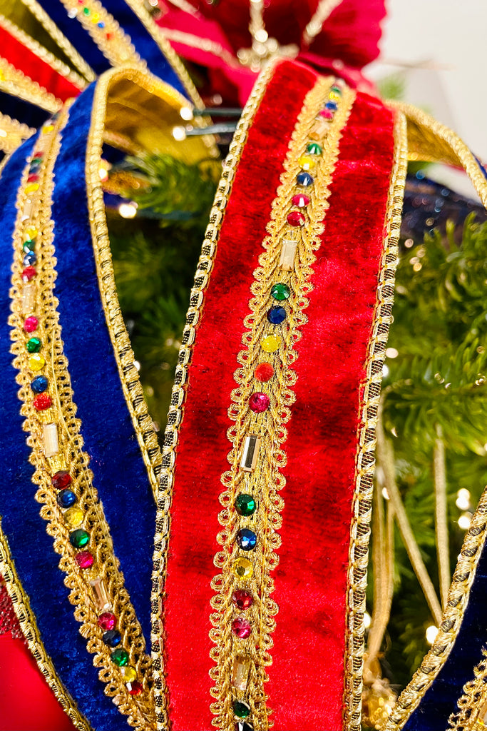 Royal Blue Velvet Luxury Wired Ribbon with Multicolor Gem Band - 5 Yards