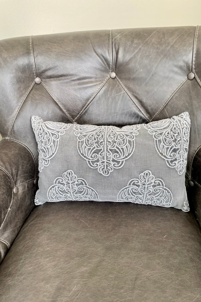 20 Inch Rectangular Gray Cotton Pillow w/Embroidered Filigree