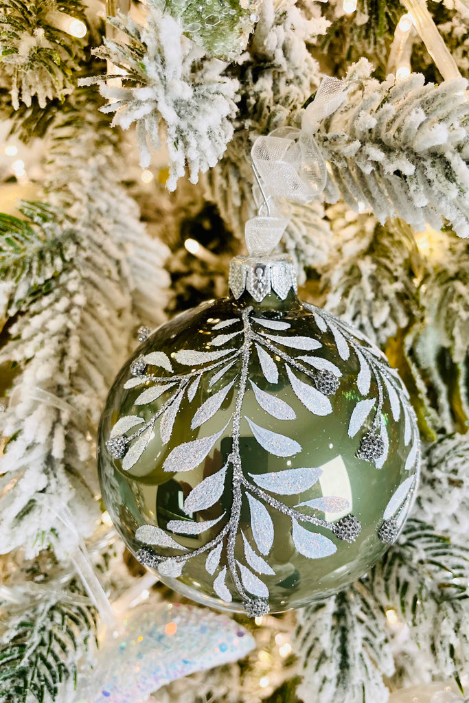 Moss Green Leaf European Glass Ornaments, Set of 6