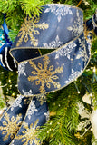 Blue and Gold Snowflakes Luxury Wired Ribbon