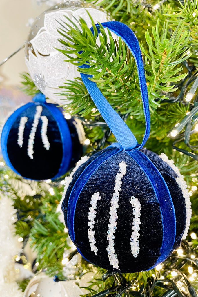 Night Blue Beaded Velvet Everlasting Ornaments, Set of 12