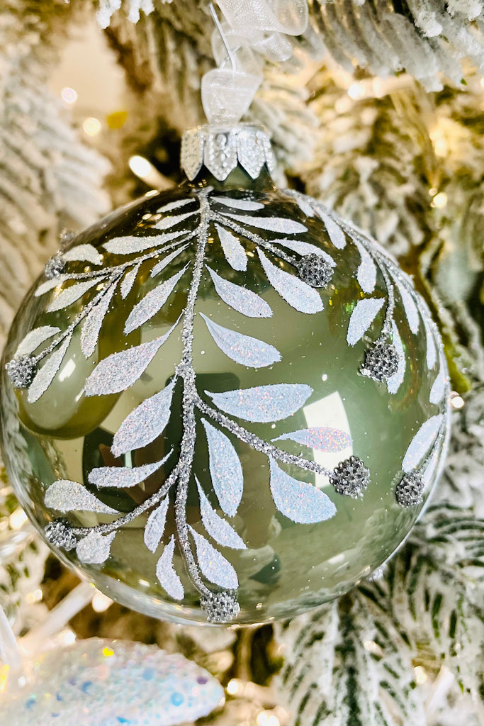 Moss Green Leaf European Glass Ornaments, Set of 6