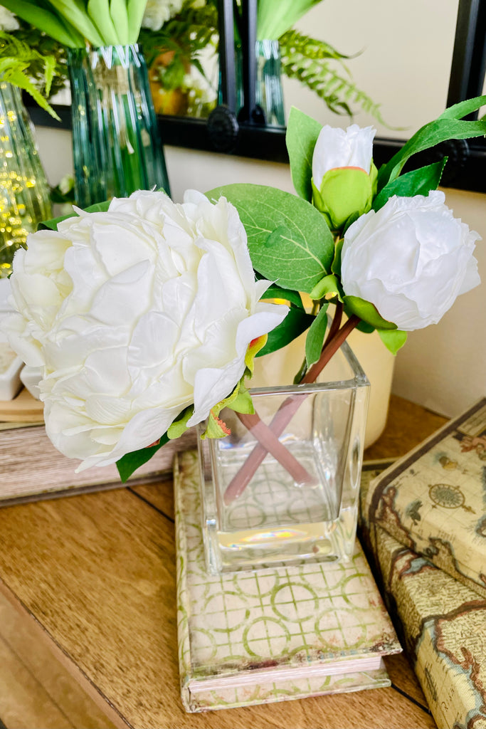 White Peony Premade in Square Glass Pot w/ Faux Water