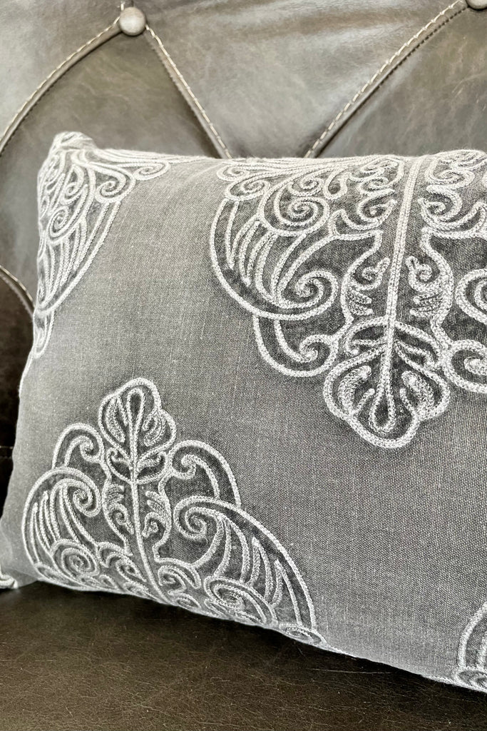 20 Inch Rectangular Gray Cotton Pillow w/Embroidered Filigree