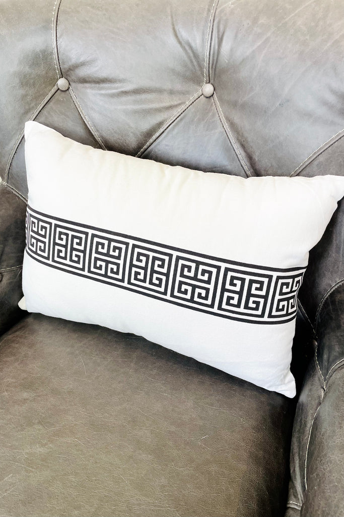 20" Rectangular Cotton White Pillow w/ Black Greek Key Stripes