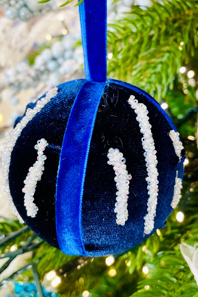 Night Blue Beaded Velvet Everlasting Ornaments, Set of 12