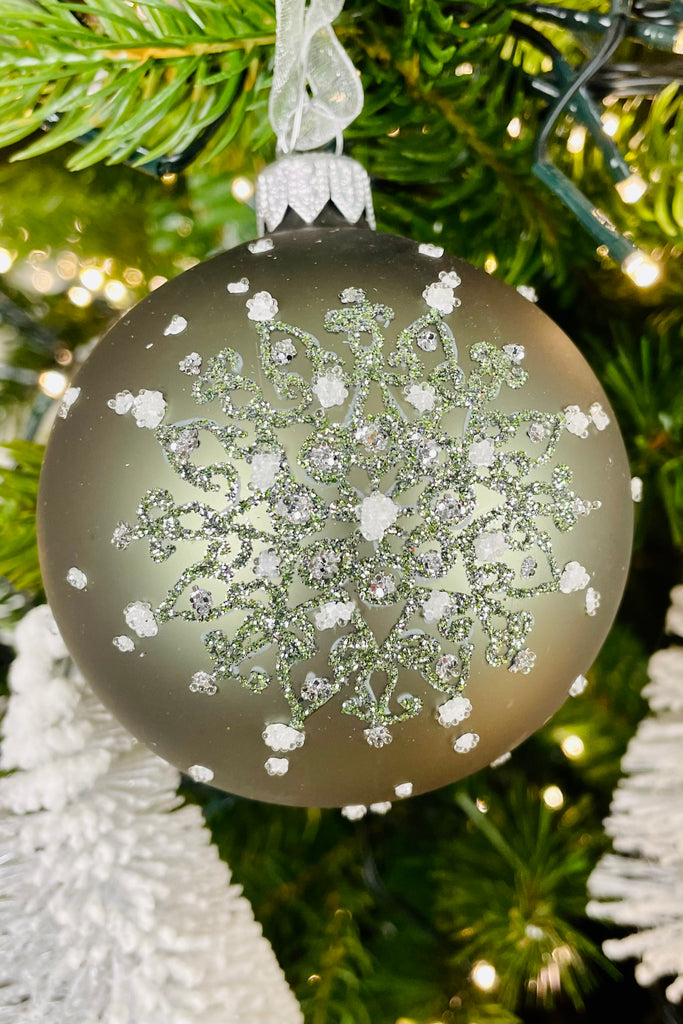 Moss Green Snowflake Glass Ornaments, Set of 6