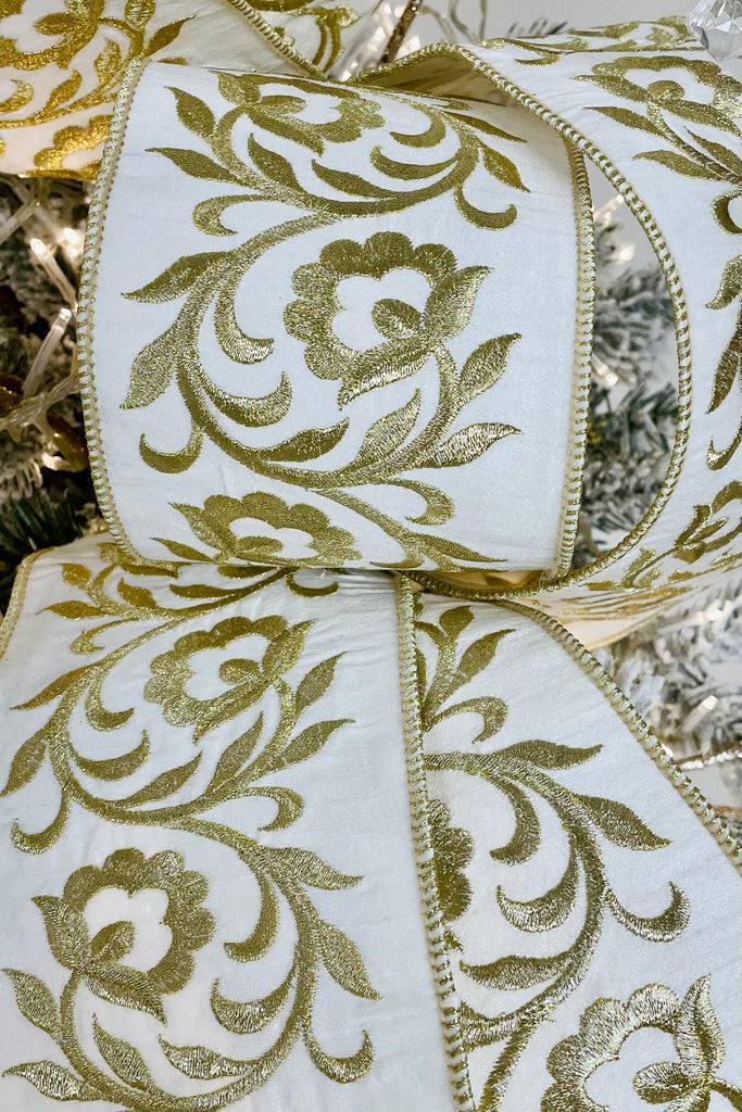 White and Gold Floral Embroidered Wired Ribbon - 10 Yards