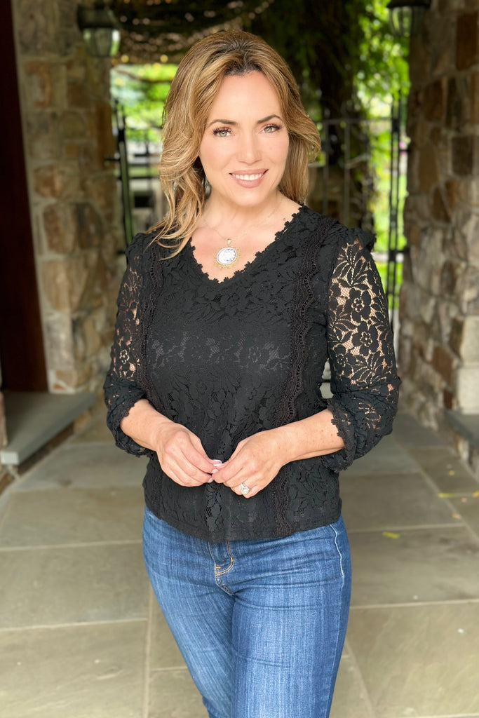 Feminine Lace Detail Tunic Top in Black