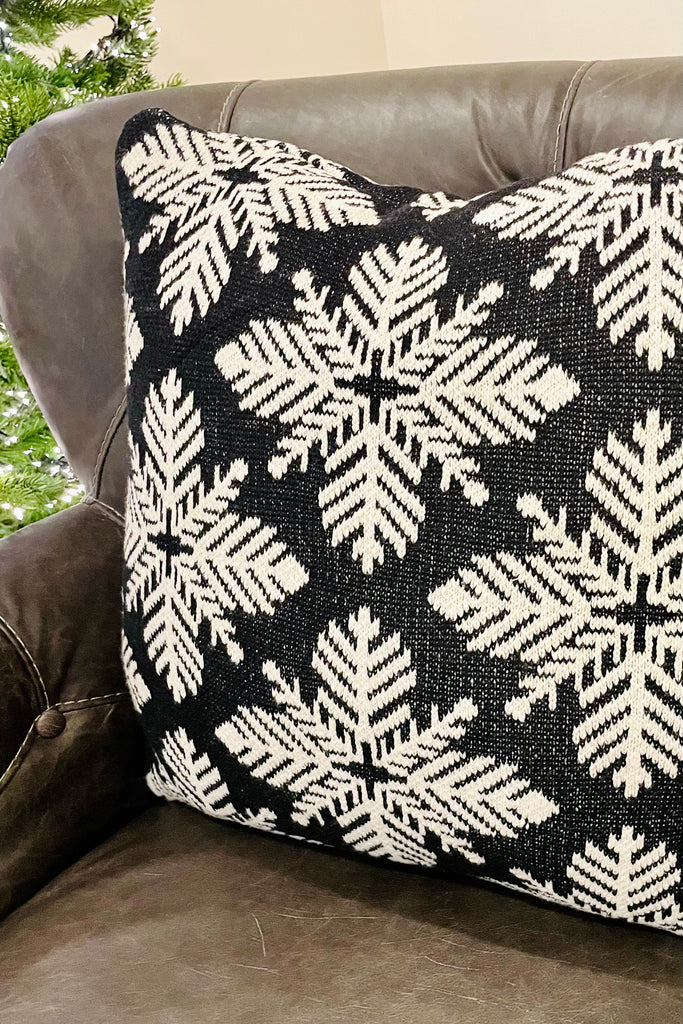 20 Inch Square Black & White Knit Snowflake Pillow