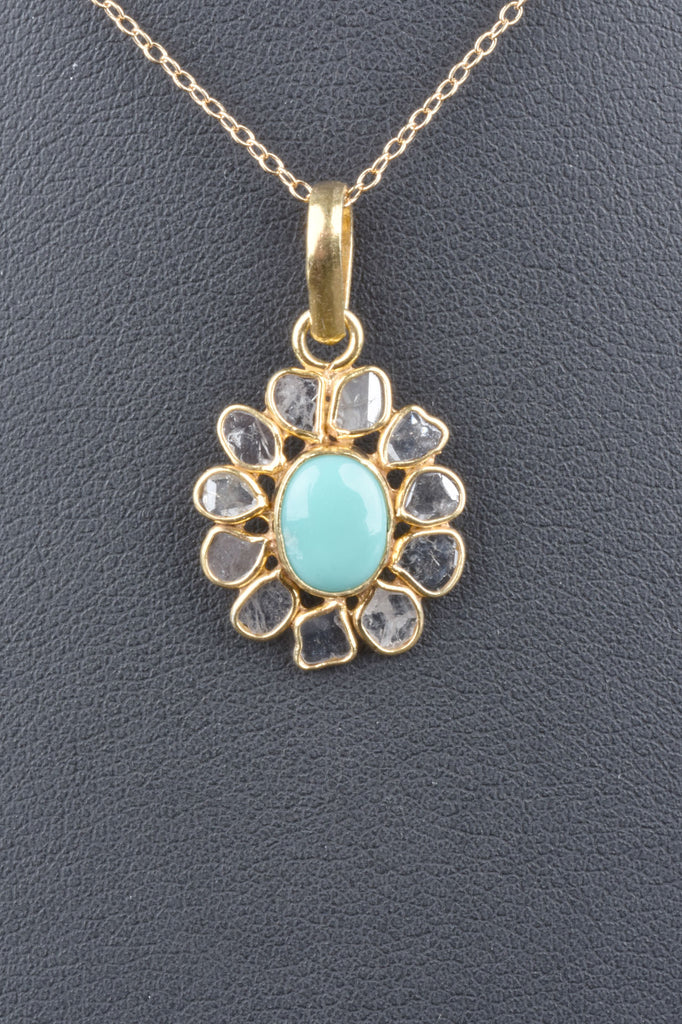 1/2ct Maharaja Polki Diamond and Turquoise Pendant with Chain